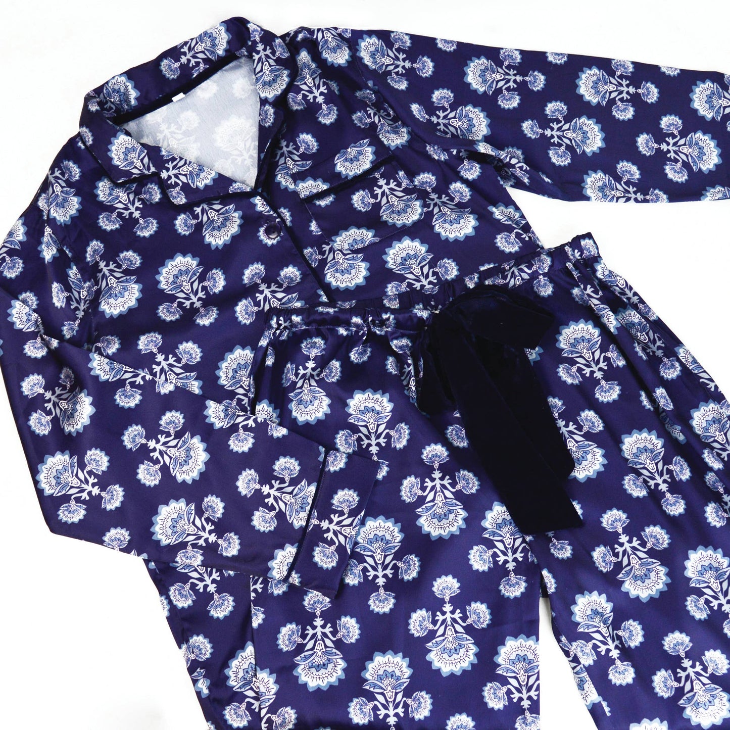 Navy Fan Satin Pant PJ Set