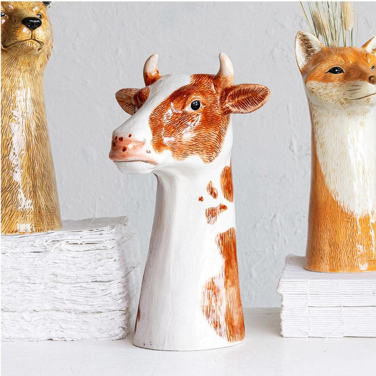 Hand-Painted Stoneware Cow Vase
