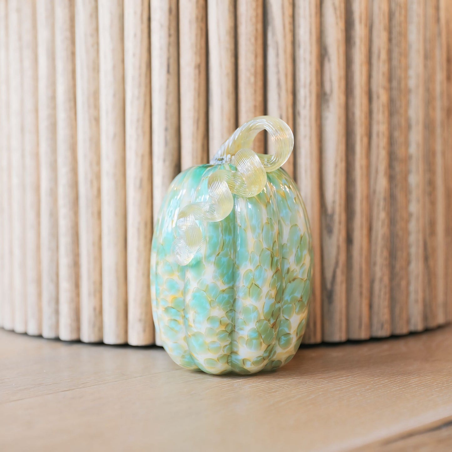 8.5" Tall Green & Gold Glass Pumpkin w/ Gold Stem Fall Décor