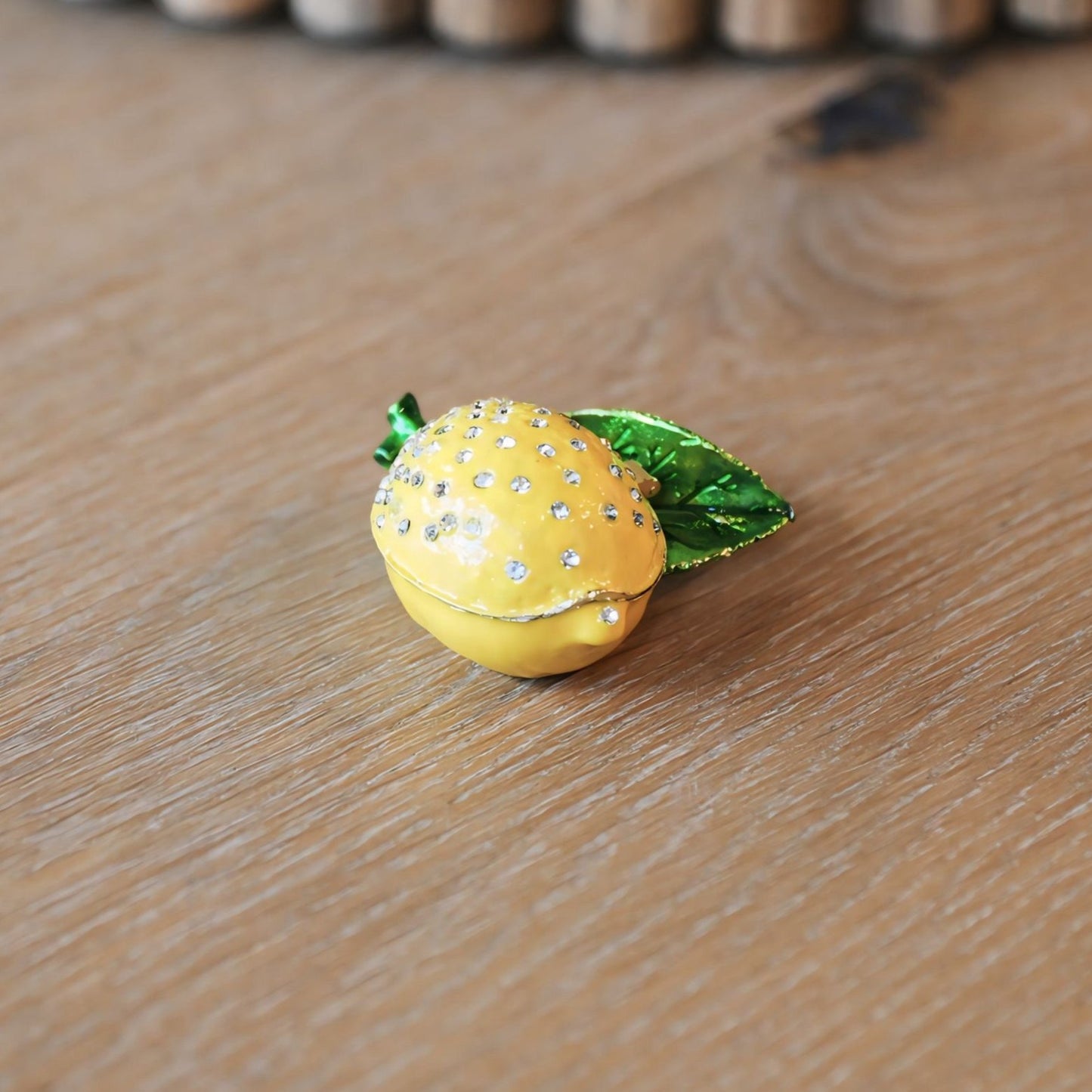 Enameled Metal Lemon Shaped Tricket Box w/Jewels