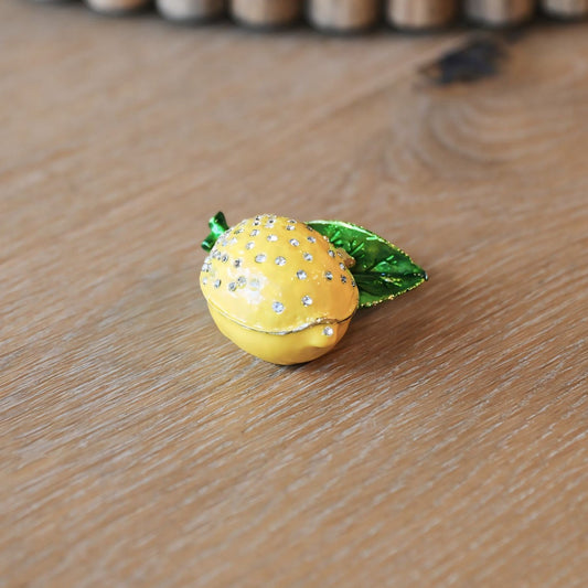 Enameled Metal Lemon Shaped Tricket Box w/Jewels