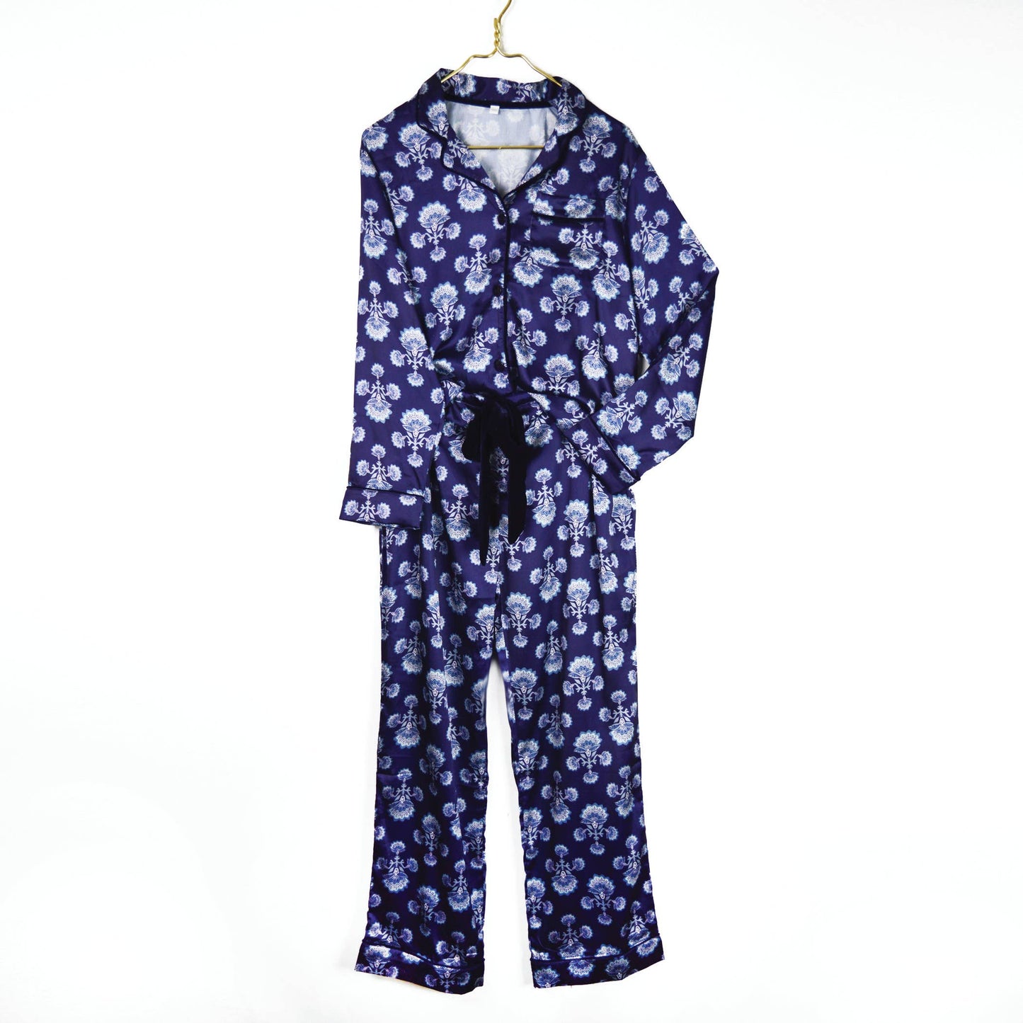 Navy Fan Satin Pant PJ Set