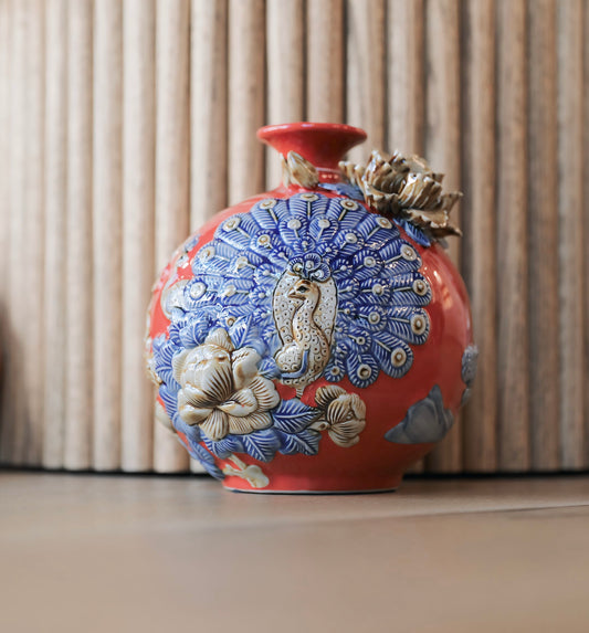 Red Floral Peacock Vase