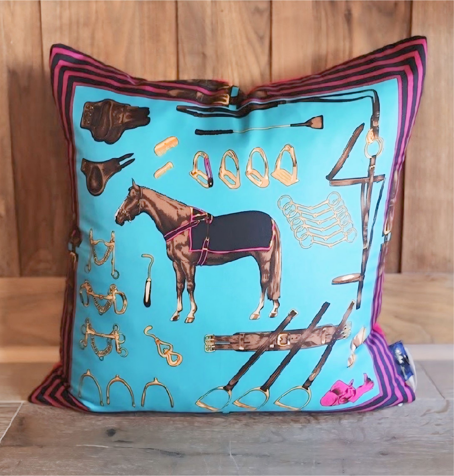 Equestrian Turquoise Vintage Silk Scarf Pillow