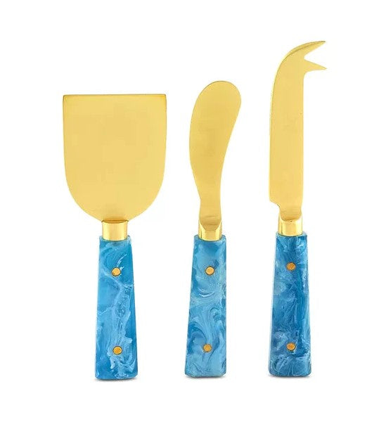 3-PC CHEESE SET GOLD FINISH BLUE