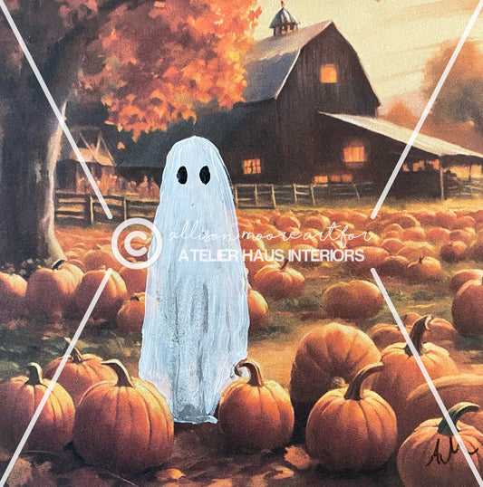 Geraldine- The Pumpkin Spice Ghost 4” x 4” Hand Painted / Framed