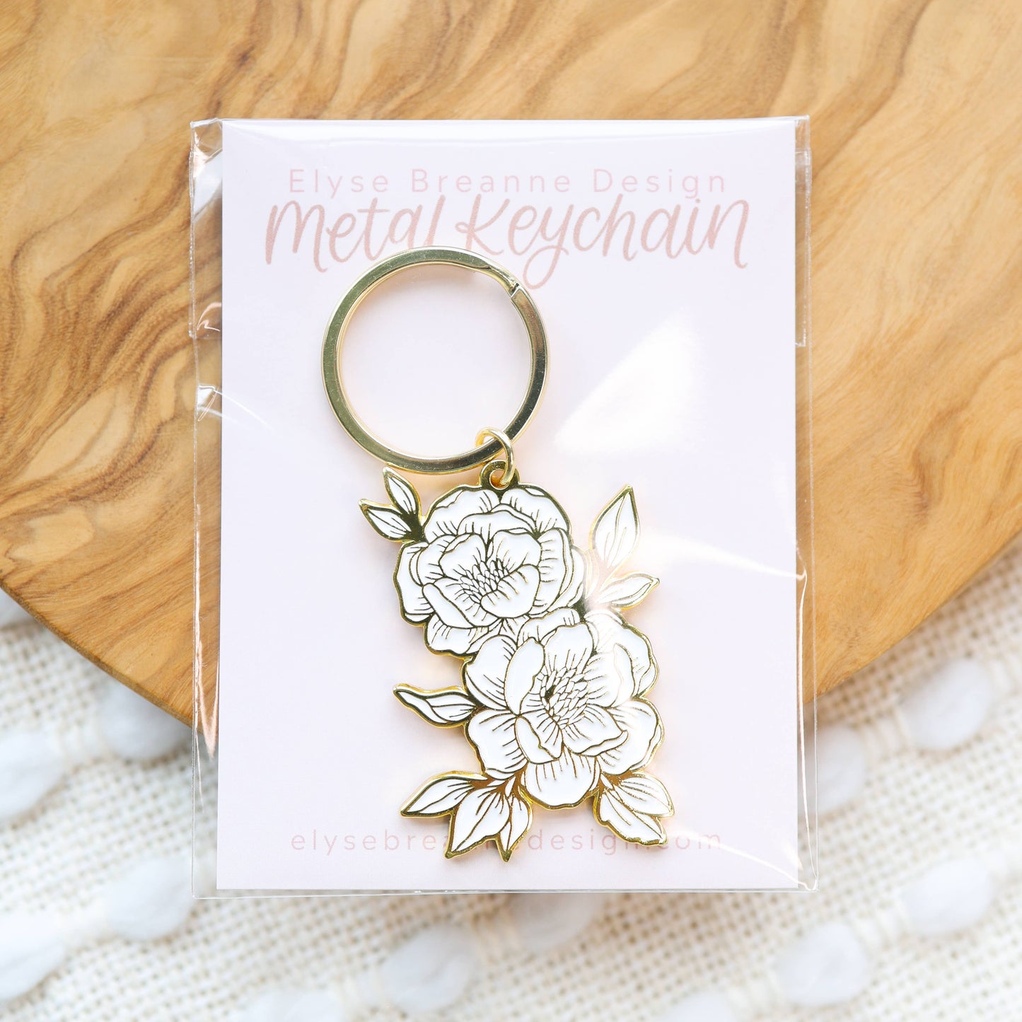 Line Drawn Peonies Metal Keychain 2.5x1.5 in.