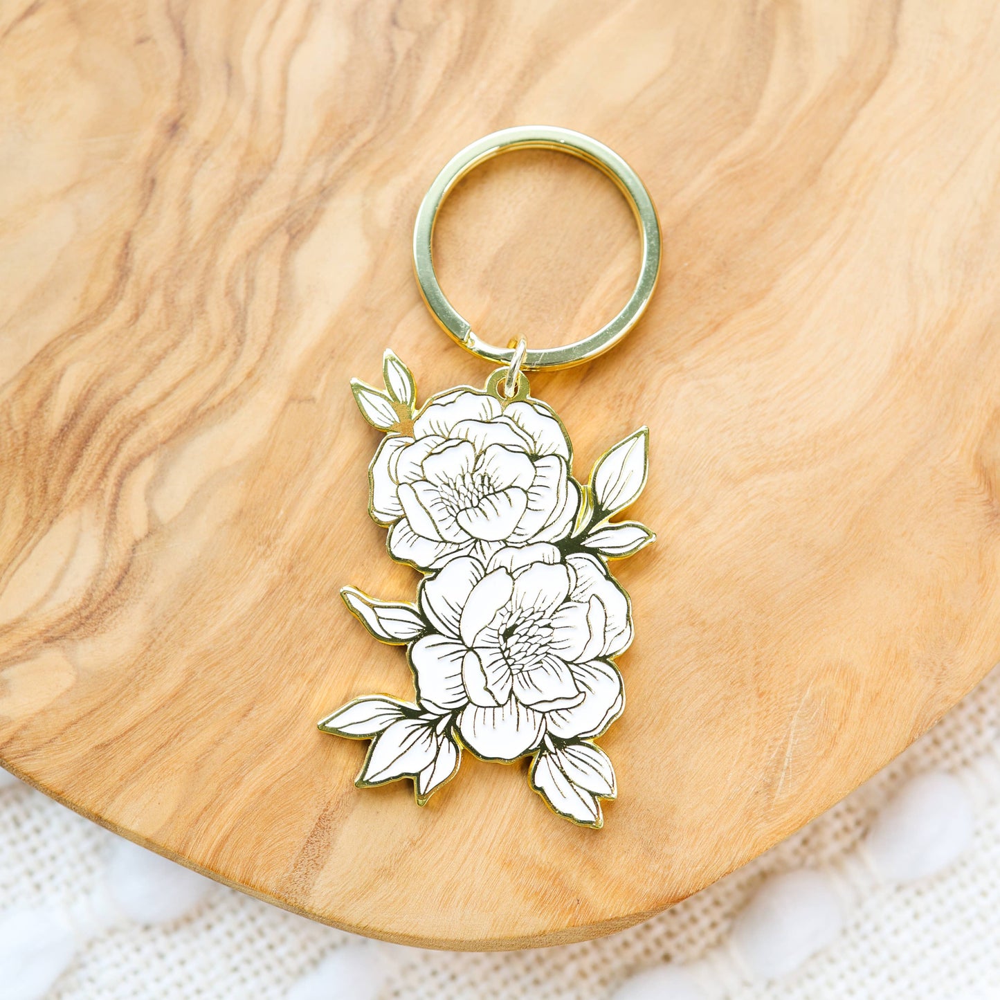 Line Drawn Peonies Metal Keychain 2.5x1.5 in.