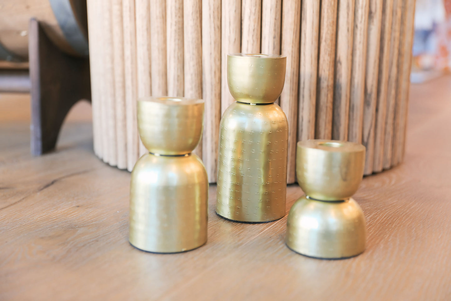 Hammered Metal Taper Holders, Antique Gold Finish - Set of 3