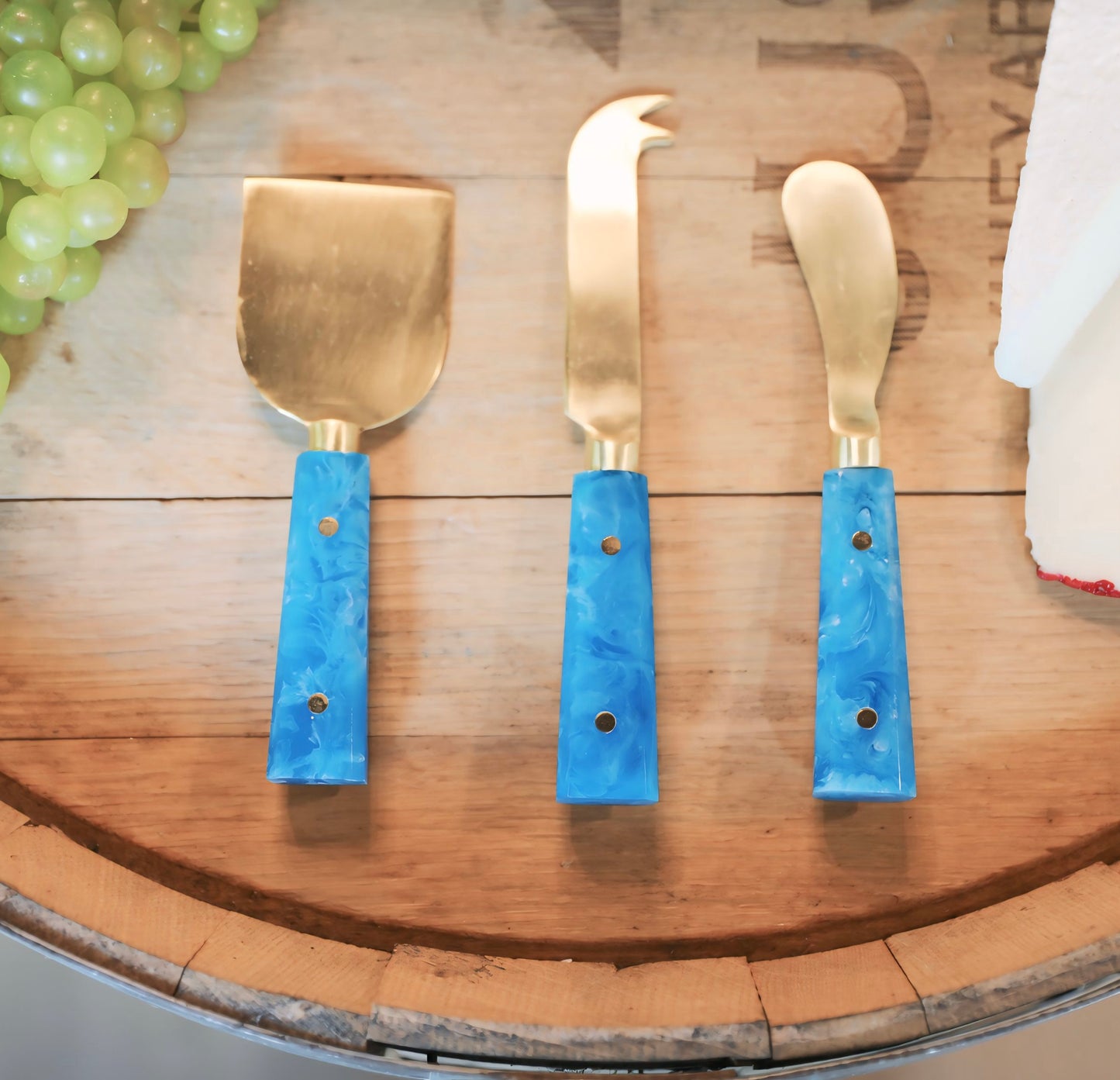 3-PC CHEESE SET GOLD FINISH BLUE