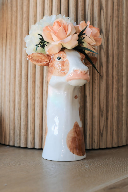 Hand-Painted Stoneware Cow Vase