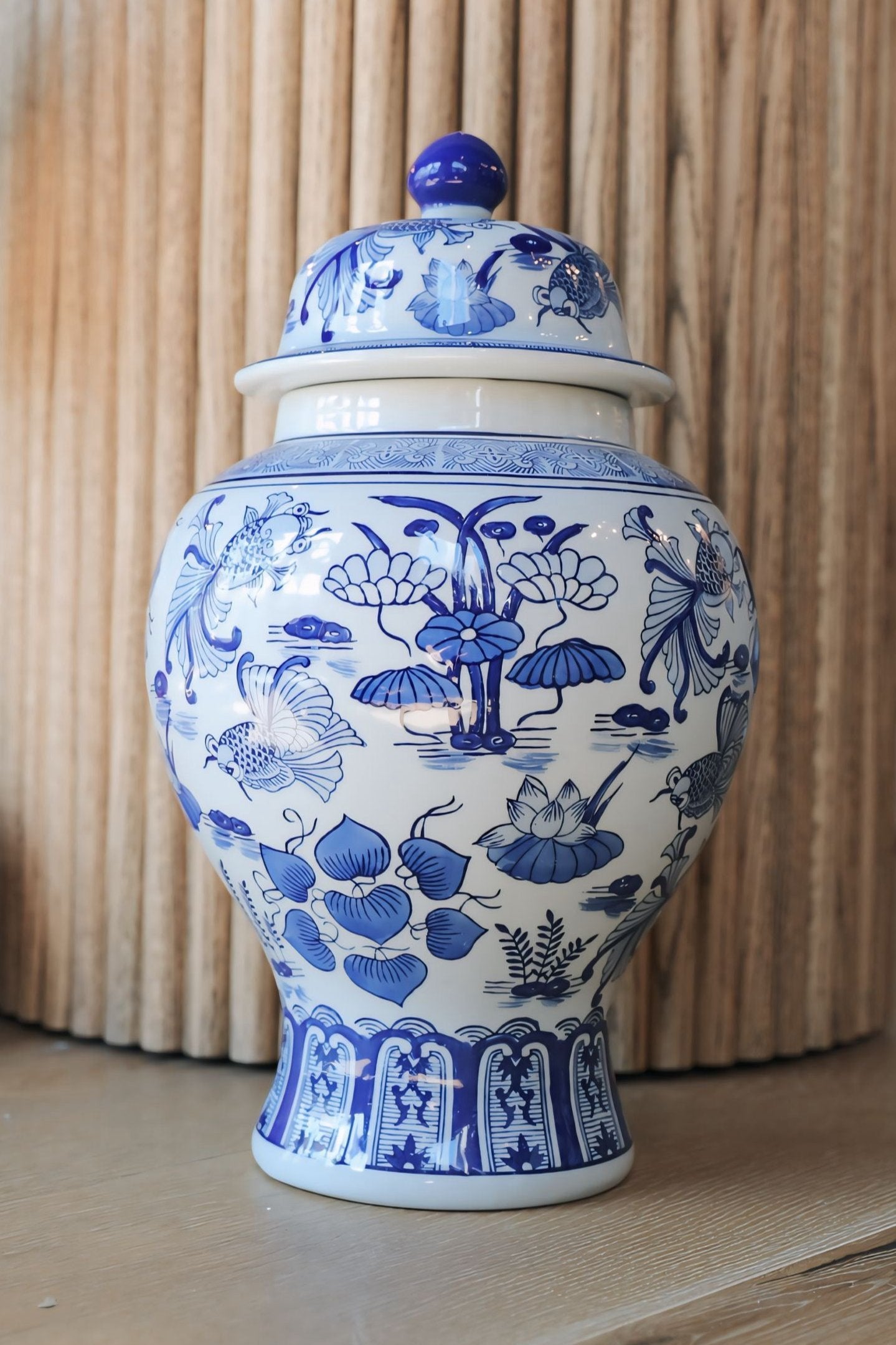 Blue and White Koi Jar w/ Lid