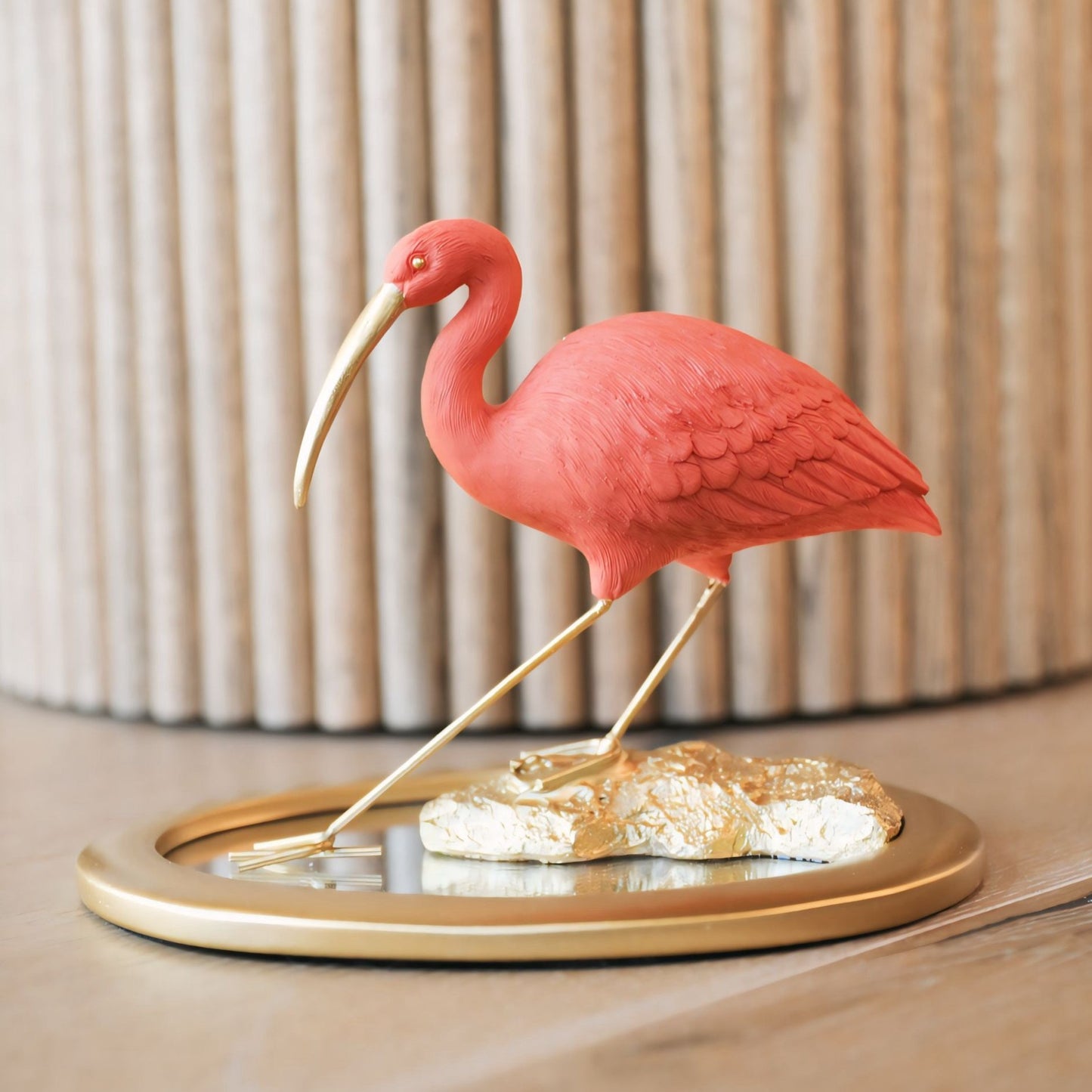 Resin Scarlet Ibis on Mirrored Tray, Pink & Gold Finish
