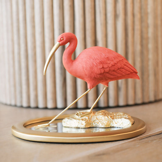 Resin Scarlet Ibis on Mirrored Tray, Pink & Gold Finish