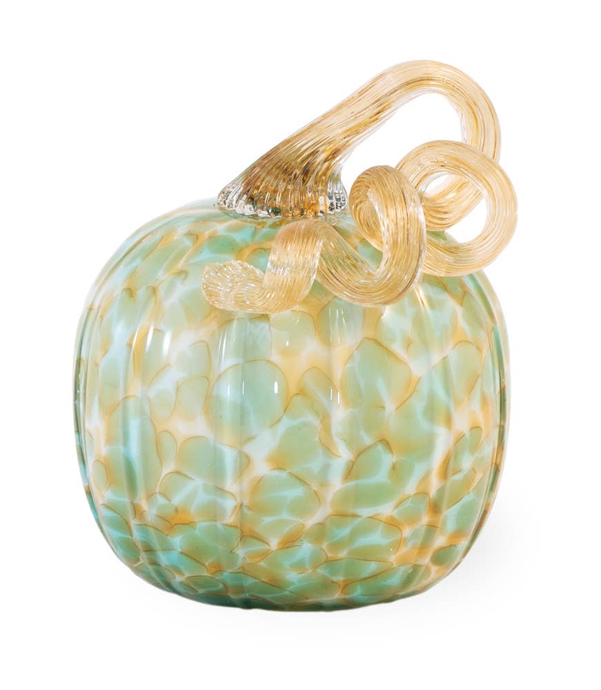 5.5" Short Green & Gold Glass Pumpkin w/ Gold Stem Fall Décor