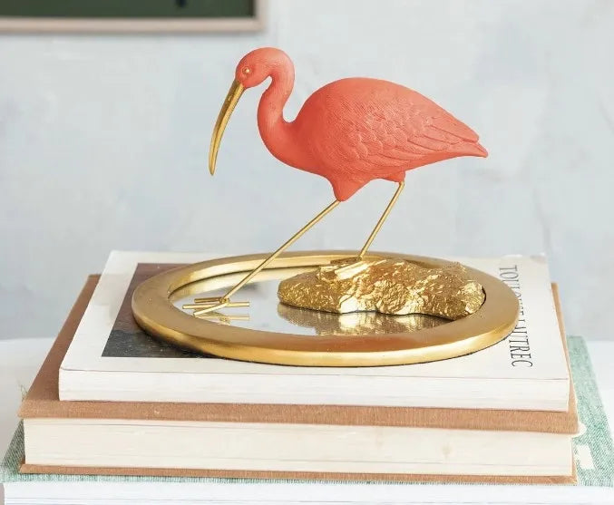 Resin Scarlet Ibis on Mirrored Tray, Pink & Gold Finish