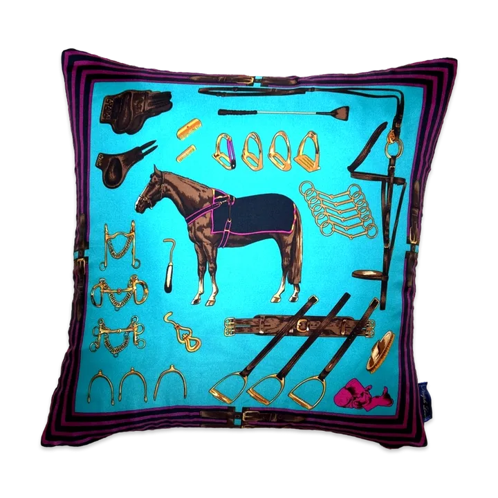 Equestrian Turquoise Vintage Silk Scarf Pillow