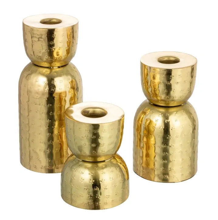 Hammered Metal Taper Holders, Antique Gold Finish - Set of 3