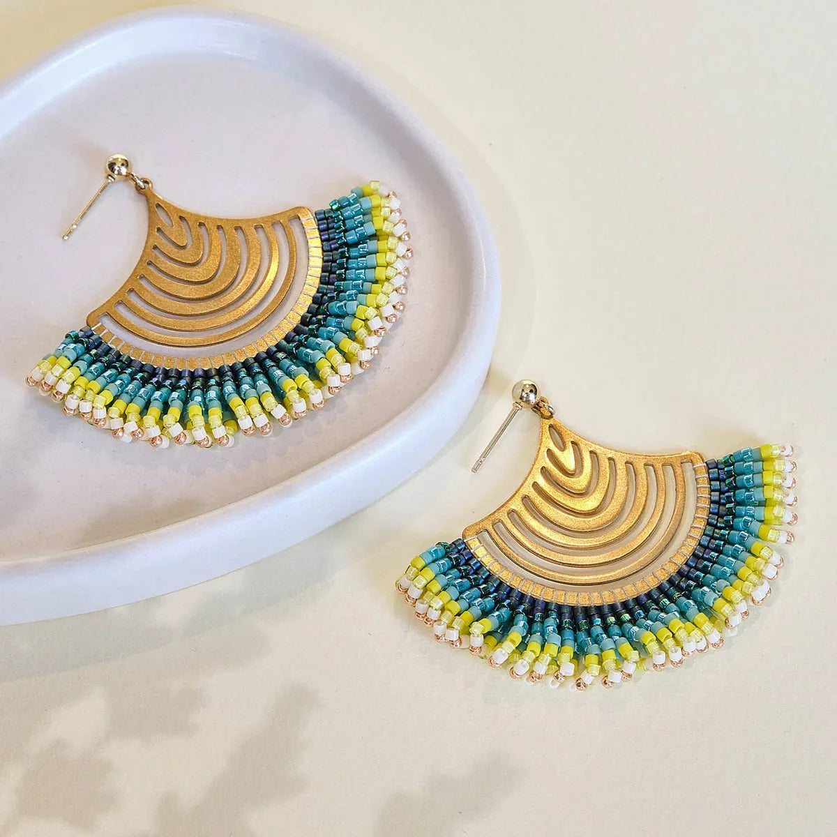 Beaded Handwoven Flamenco Fan Earrings (Aqua)