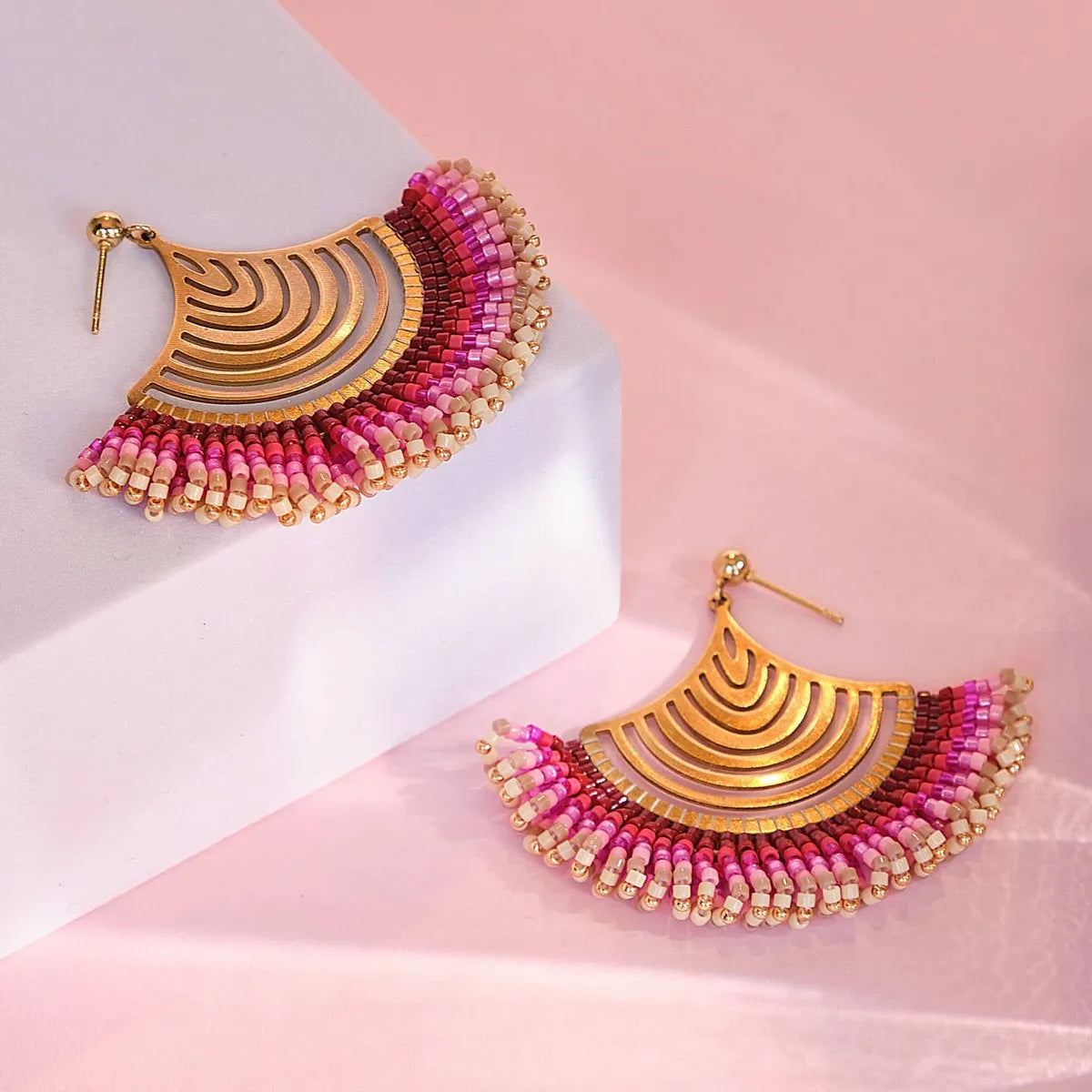 Beaded Handwoven Flamenco Fan Earrings (Pink)