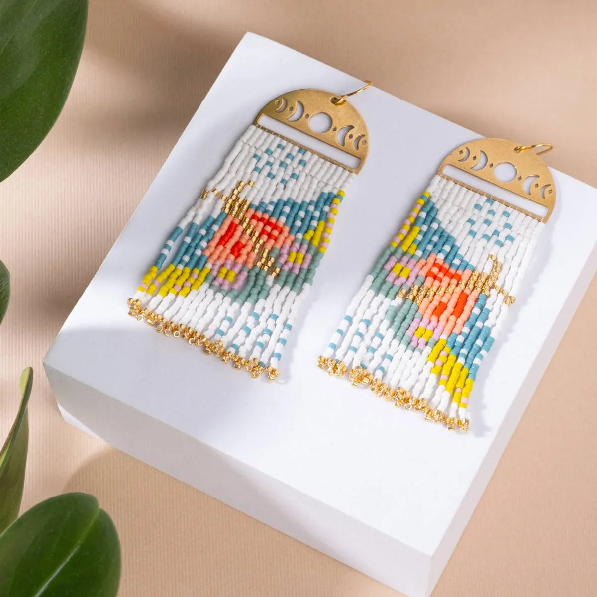 Beaded Handwoven Moonlit Moth Fringe Earrings (White)